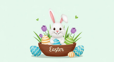 Whimsical easter bunny in a wooden bowl with colorful eggs and spring flowers on a pastel background