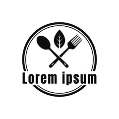 vintage health food logo with crossed spoon fork and leaf in circular frame