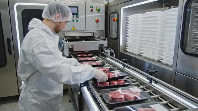 Worker in protective gear inspects meat packaging on conveyor belt, showcasing quality control process, camera pans across scene