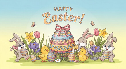 Easter celebration with bunnies chicks and decorated egg in a colorful garden with flowers and butterflies