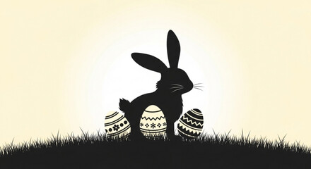 Easter bunny silhouette standing with decorated eggs on grass against a pastel background