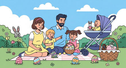 Happy family with children having easter picnic outdoors in spring