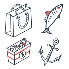 Assorted icons representing travel, shopping, and maritime themes Vector © Ruhi