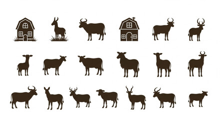 Collection of farm animals and barns in silhouette style. © Hatep