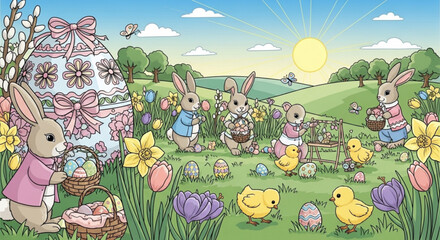Easter bunny rabbits in a colorful spring meadow with flowers eggs and chicks sunny landscape