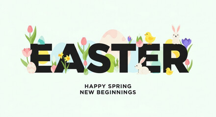 Easter greeting with colorful flowers and bunny on a pastel background with a spring theme