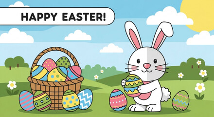 Easter bunny holds decorated egg beside colorful basket on green grass with flowers and sunny sky