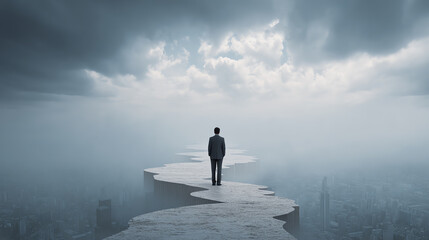 Obraz premium A lone figure stands on a surreal pathway, contemplating the vastness of possibilities ahead amidst a cloudy sky.