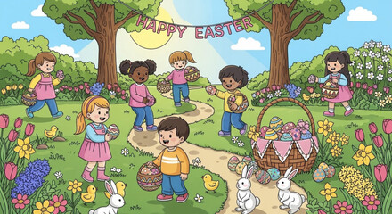 Children celebrate easter with baskets and bunnies in a colorful spring garden outdoors
