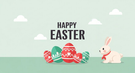 Happy easter greeting with decorated eggs and bunny on green background with clouds