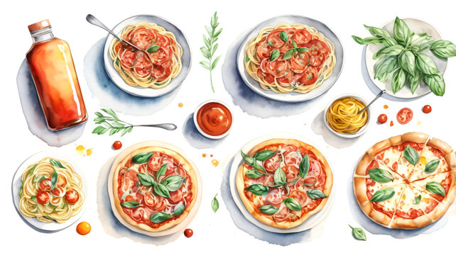 Abstract colorful watercolor painting of  Hand drawn Italian food set. Pizza, spaghetti with sause bolognese Caprese salad, Bruschetta.  illustration isolated on white background. 