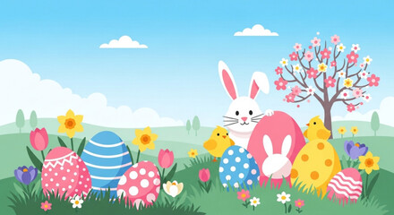 Easter bunny and chicks with decorated eggs in a colorful spring field with flowers and trees on a sunny day