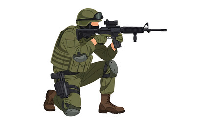 Fototapeta premium Soldier in Tactical Uniform Kneeling with Rifle in White Background