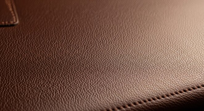 Closeup of brown leather texture with stitching and grain, showcasing material detail and craftsmanship.
