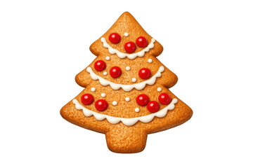Gingerbread christmas tree cookie with white icing and red candy decoration for winter holiday celebration, transparent background