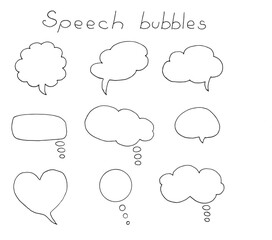 Hand drawn speech bubbles set. Doodle comic thought bubbles, chat clouds and heart shape. Vector outline collection for social media and sketches
