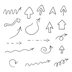 Hand drawn arrows collection. Doodle pointer set with shapes: curved, spiral, dashed and wavy lines. Vector black outline sketch elements