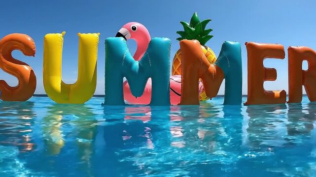 Colorful inflatable summer letters and pool toys floating on water, vibrant scene showcasing playful summer fun and relaxation in bright sunlight