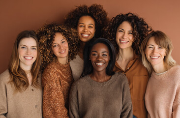 Obraz premium Group of diverse women with different hair textures and styles smiling together in a warm indoor setting