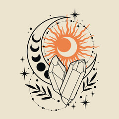 Mystical astrology moon with plants, crystals and stars. For tattoo, print for T-shirts and bags, decor element. 
