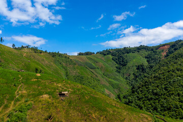 Obraz premium Bright green hillside dotted with small wooden huts and scattered vegetation under a vivid blue sky in the countryside between Phou Khoun and Luang Prabang, Laos. The landscape features rolling slopes