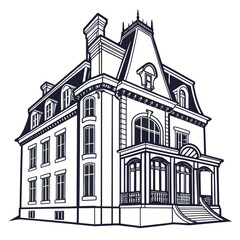 A detailed black and white illustration of a historic mansion with intricate architectural details © Mamun
