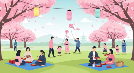 Family and friends having a picnic under blooming cherry blossom trees in a park with vibrant lanterns