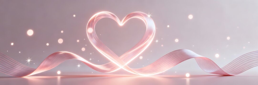 Minimalist Valentine banner with abstract heart of flowing luminous ribbons, soft gradient, floating light particles