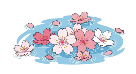 Pink and white cherry blossoms floating on a serene blue water surface with petals