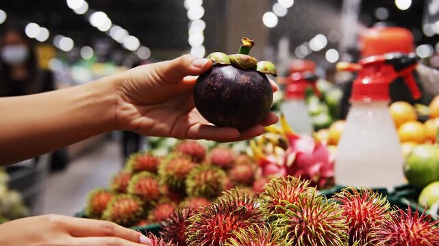 Hand selecting fresh mangosteen fruit from a market stall full of rambutan