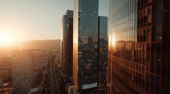 Cinematic slow pan across a modern city skyline filled with tall, classy, upscale, glass skyscrapers during golden hour, with warm sunlight reflecting off the windows. The camera moves smoothly at mid
