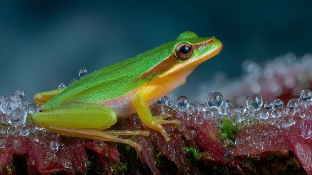 A vibrant green frog sits on a wet surface with water droplets, against a soft-focus background