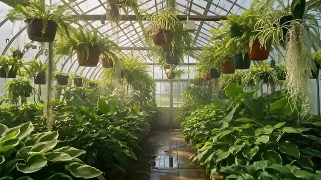 Rows of lush green plants grow in a bright, sunlit greenhouse interior.