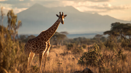 Obraz premium A majestic giraffe standing gracefully against a stunning sunset in the savannah, with mountains in the background.