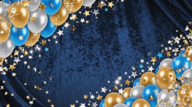 Colorful balloons and stars framing a rich blue velvet backdrop, creating a festive atmosphere for celebrations and events with vibrant decorations
