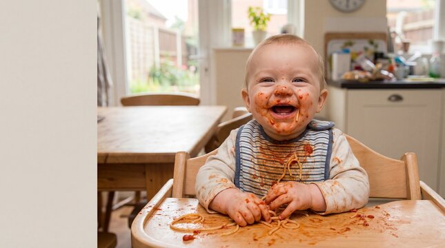 Joyful messy baby eating spaghetti in high chair