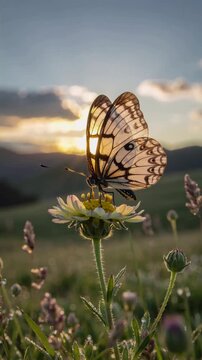 Butterfly sucking nectar from a wildflower at sunset in a serene meadow, vertical shot