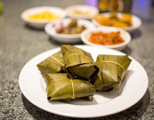 Packaged food items wrapped in leaves, served on plate