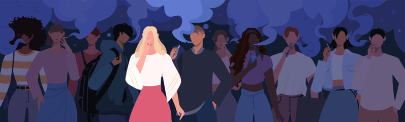 Obraz premium A woman is exposed to secondhand smoke from cigarettes and vaping as she stands near smokers. The illustration highlights nicotine addiction among youth and the harmful impact of passive smoking. 