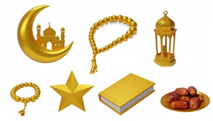 Golden Islamic symbols on white crescent, prayer beads, lantern, star, book, dates