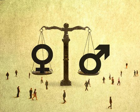 Scales of justice balancing male and female symbols representing equality