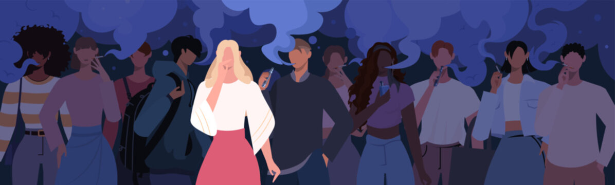 A woman is exposed to secondhand smoke from cigarettes and vaping as she stands near smokers. The illustration highlights nicotine addiction among youth and the harmful impact of passive smoking. 