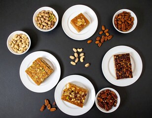 Various sweet pastries and bowls of nuts arranged on black