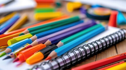 Vibrant Collection of Art Supplies Including Colored Pencils, Markers, Paper, and Stationery Tools on a Rustic Wooden Surface