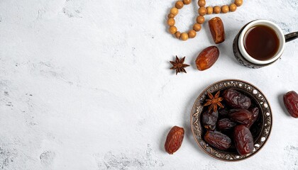 Dates, coffee, prayer beads, and spices on textured surface