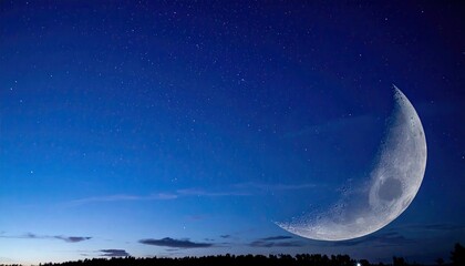 Crescent moon glows in a deep blue starry night sky