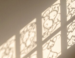 Warm sunlight casts decorative window shadows on a wall
