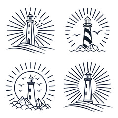 Fototapeta premium Four lighthouses depicted with varying designs and intricate details in a symmetrical arrangement Vector