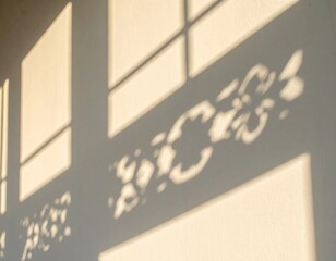 Warm sunlight casts abstract geometric and floral shadows on wall