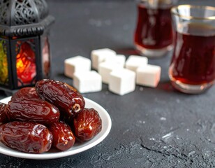 Dates, Turkish delight, tea, and lantern on dark surface